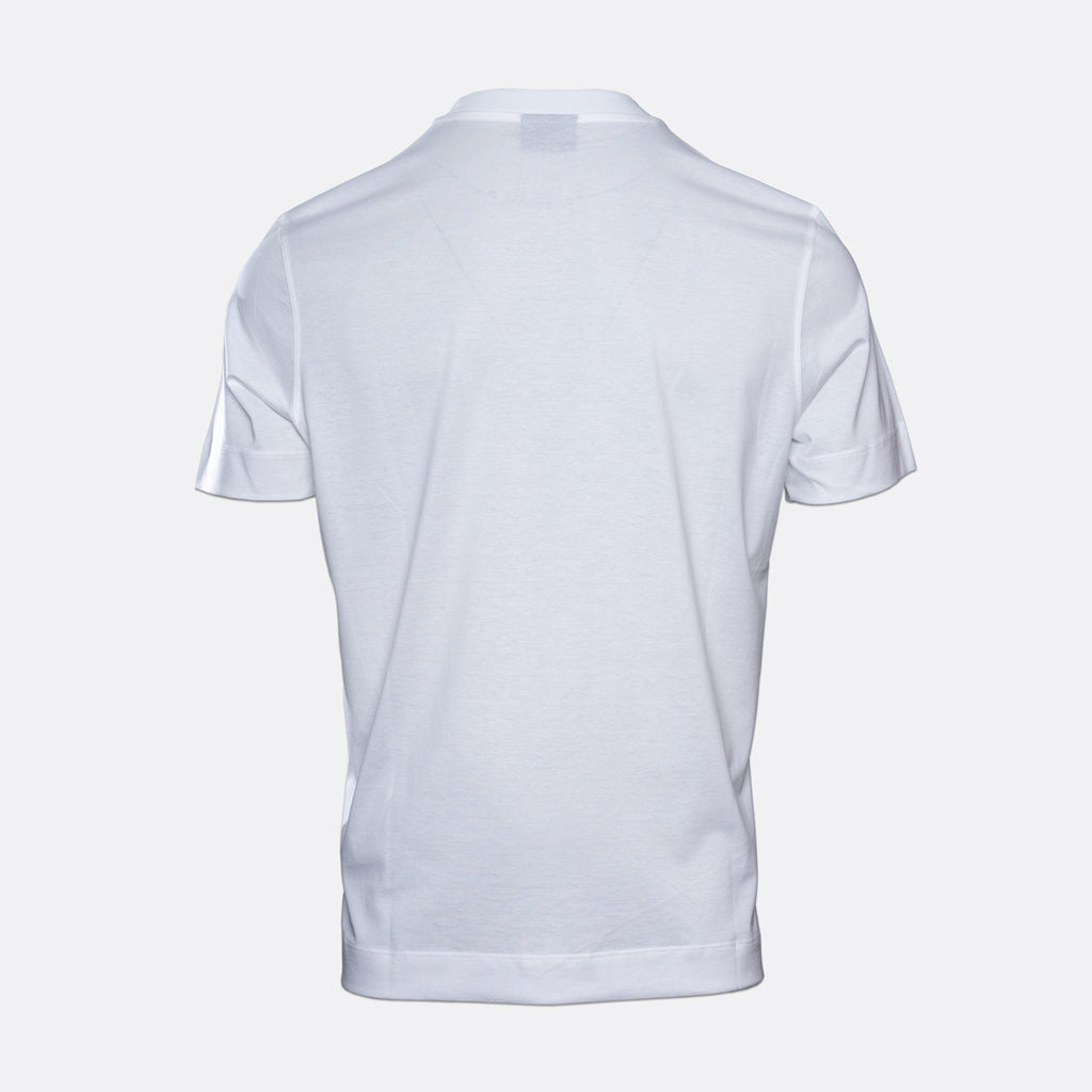 A white short-sleeve polo shirt shown from the back, photographed on a clean light gray studio background. Emporio Armani T-Shirt. Sakks Menswear Southampton.