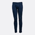 A pair of slim-fit navy blue jeans shown from the front on a light gray background. Emporio Armani Chinos. Sakks Menswear Southampton.
