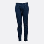 A pair of slim-fit navy blue jeans shown from the front on a light gray background. Emporio Armani Chinos. Sakks Menswear Southampton.