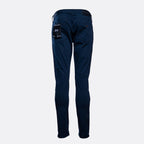 A pair of dark navy blue slim-fit pants shown from the back, featuring a black brand patch on the right pocket, set against a plain light gray background. Emporio Armani Chinos. Sakks Menswear Southampton.