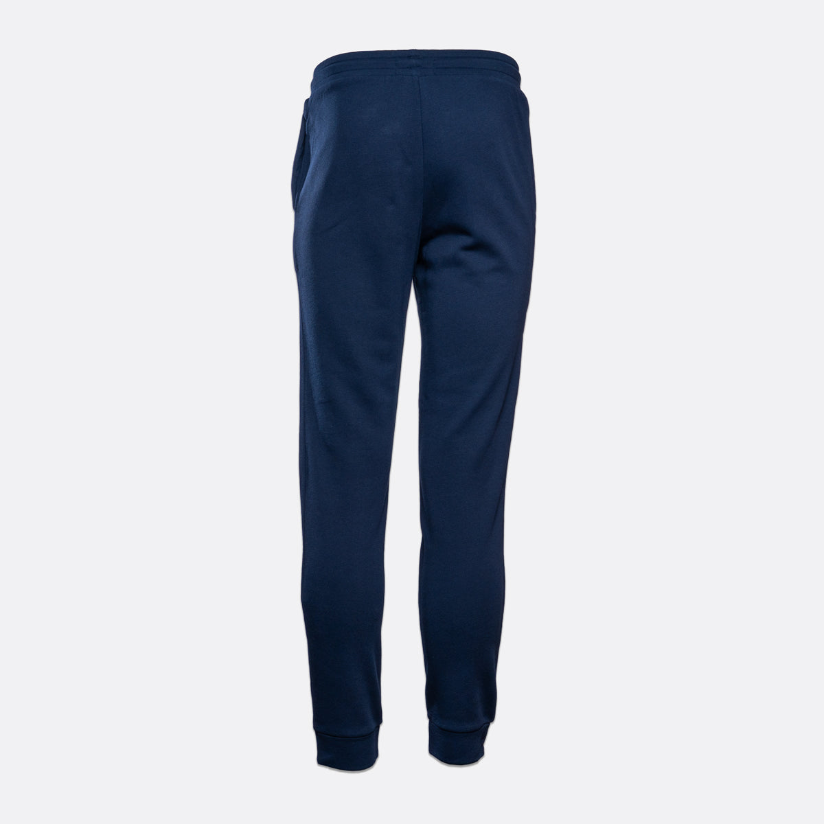 A pair of navy blue sweatpants shown from the back, featuring an elastic waistband and ribbed ankle cuffs, set against a plain light gray background. Emporio Armani Sweat Pants. Sakks Menswear Southampton.