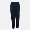 A pair of dark navy blue textured jogger pants shown flat against a light gray background. Emporio Armani Sweat Pants. Sakks Menswear Southampton.