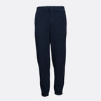 A pair of dark navy blue textured jogger pants shown flat against a light gray background. Emporio Armani Sweat Pants. Sakks Menswear Southampton.
