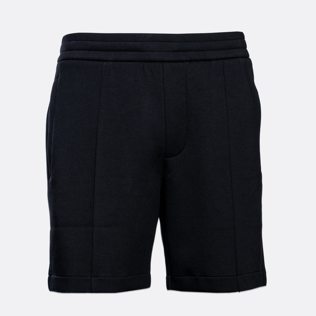 Black athletic shorts with a wide elastic waistband and side pockets, shown against a light gray background. Emporio Armani Shorts. Sakk Menswear Southampton.