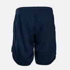 A pair of navy blue athletic shorts with a textured waffle knit fabric, shown from the back against a light gray background. Emporio Armani Shorts. Sakks Menswear Southampton.