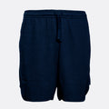 A pair of dark navy blue waffle-knit shorts with an elastic drawstring waistband, shown against a plain light gray background. Emporio Armani Shorts. Sakks Menswear Southampton.