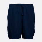 A pair of dark navy blue waffle-knit shorts with an elastic drawstring waistband, shown against a plain light gray background. Emporio Armani Shorts. Sakks Menswear Southampton.