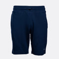 A pair of navy blue sweat shorts with an elastic waistband and drawstring, shown against a light gray background. Emporio Armani Shorts. Sakks Menswear Southampton.