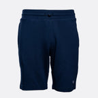 A pair of navy blue sweat shorts with an elastic waistband and drawstring, shown against a light gray background. Emporio Armani Shorts. Sakks Menswear Southampton.