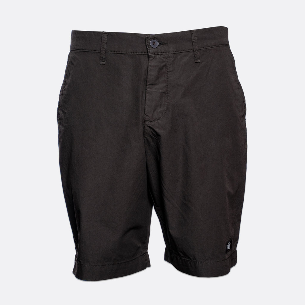 Black men's casual shorts with a button closure, belt loops, and side pockets, shown against a light gray background. Emporio Armani Shorts. Sakks Menswear Southampton.