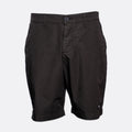 Black men's casual shorts with a button closure, belt loops, and side pockets, shown against a light gray background. Emporio Armani Shorts. Sakks Menswear Southampton.