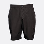 Black men's casual shorts with a button closure, belt loops, and side pockets, shown against a light gray background. Emporio Armani Shorts. Sakks Menswear Southampton.