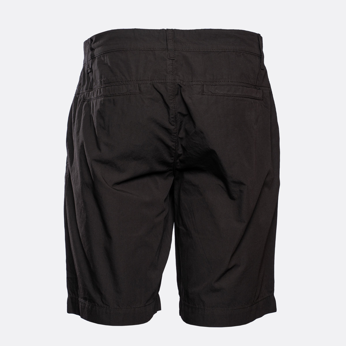 Black cargo shorts shown from the back, featuring a high waistband, belt loops, and side pockets, photographed against a light gray background. Emporio Armani Shorts. Sakks Menswear Southampton.