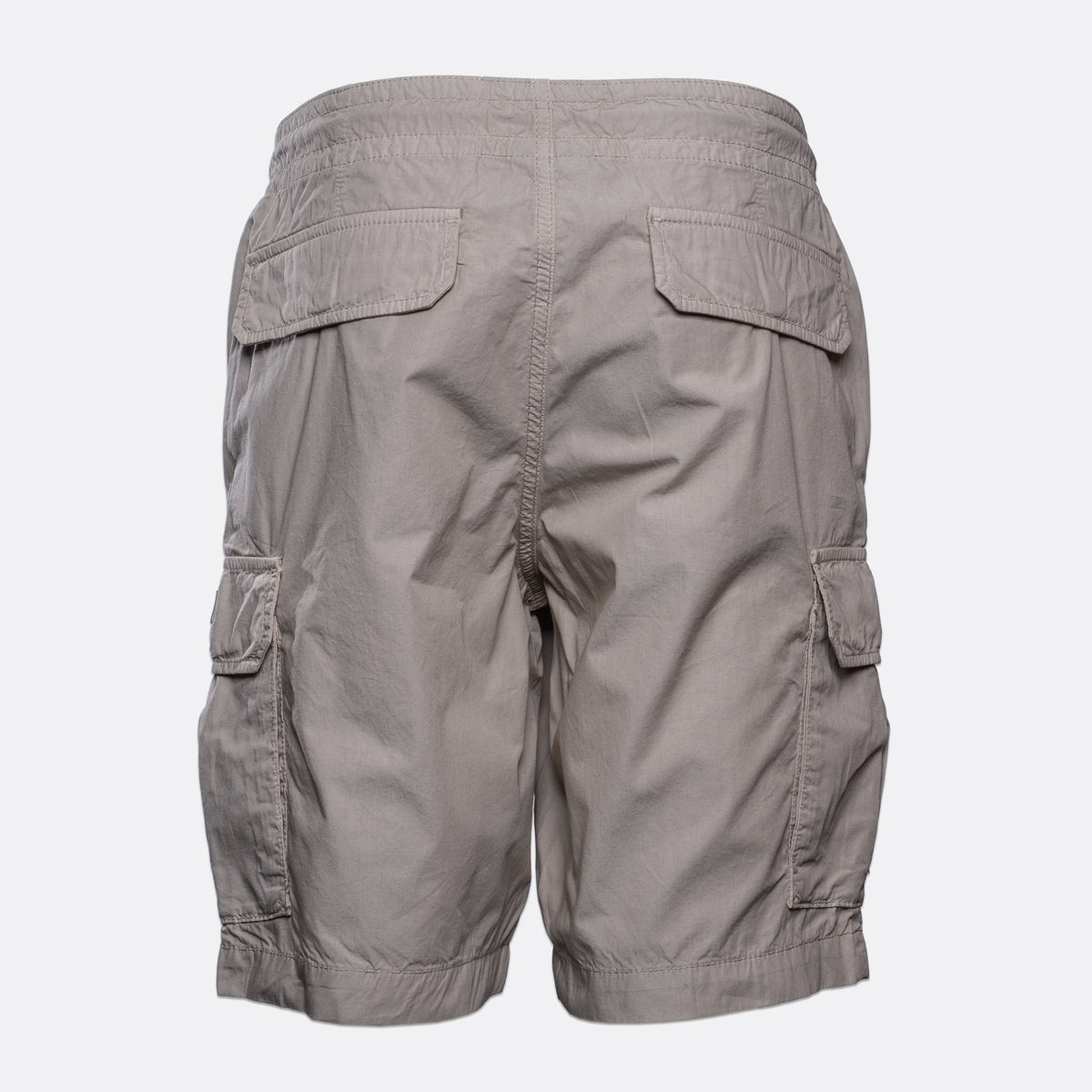 A pair of light gray cargo shorts shown from the back, featuring flap back pockets and side cargo pockets, on a light gray background. Emporio Armani Shorts. Sakks Menswear Southampton.