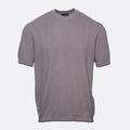 A short-sleeve crewneck knit t-shirt in a muted grayish-purple or taupe color, featuring a subtle wavy textured pattern, shown against a plain light gray background. Emporio Armani T-Shirt. Sakks Menswear Southampton.