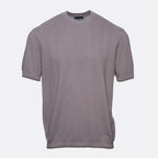 A short-sleeve crewneck knit t-shirt in a muted grayish-purple or taupe color, featuring a subtle wavy textured pattern, shown against a plain light gray background. Emporio Armani T-Shirt. Sakks Menswear Southampton.