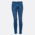 A pair of slim-fit blue denim jeans shown flat against a light gray background. Emporio Armani Jeans. Sakks Menswear Southampton.