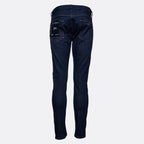 Dark blue slim-fit denim jeans shown on a light gray background. Emporio Armani Jeans. Sakks Menswear Southampton.