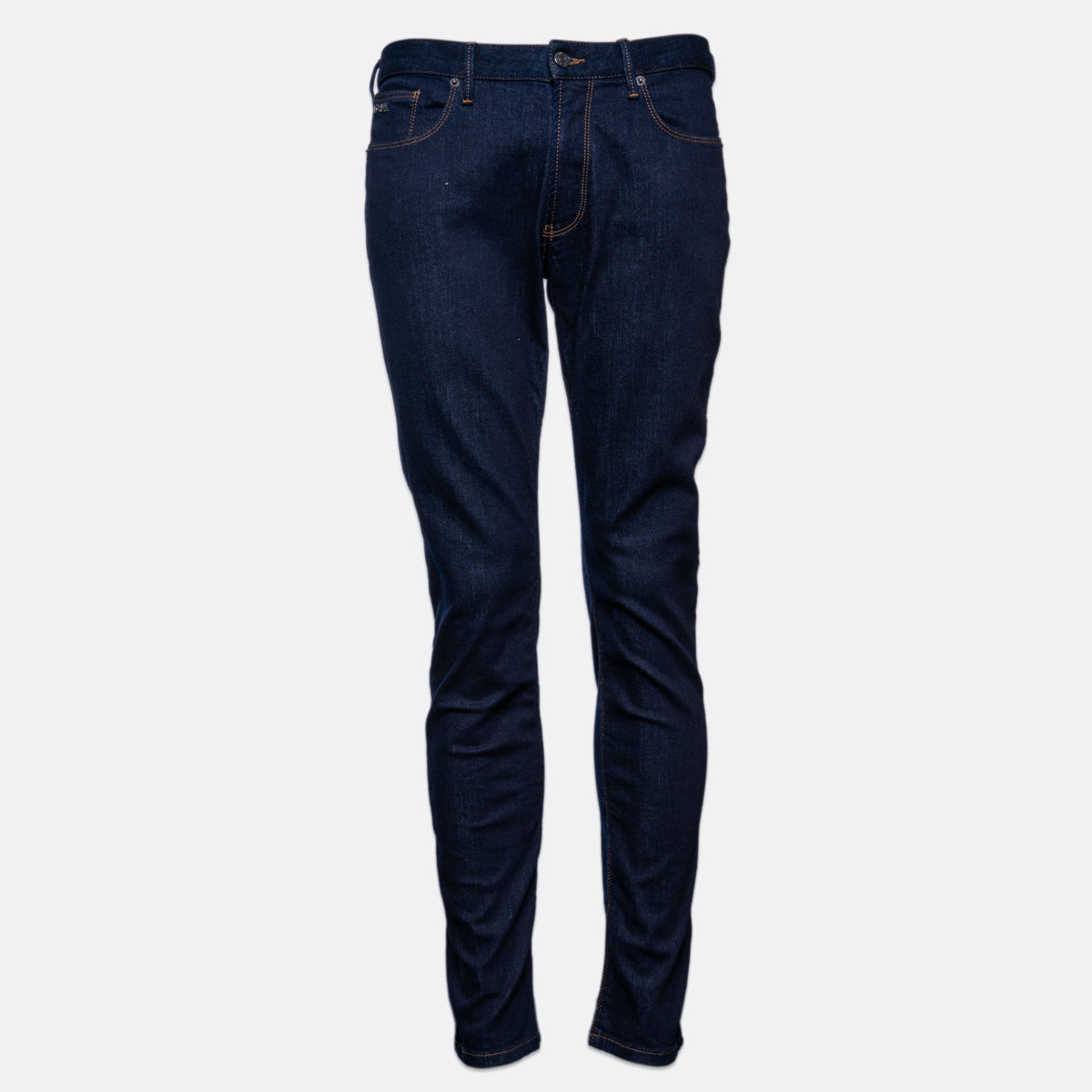 Dark blue slim-fit denim jeans shown on a light gray background. Emporio Armani Jeans. Sakks Menswear Southampton.