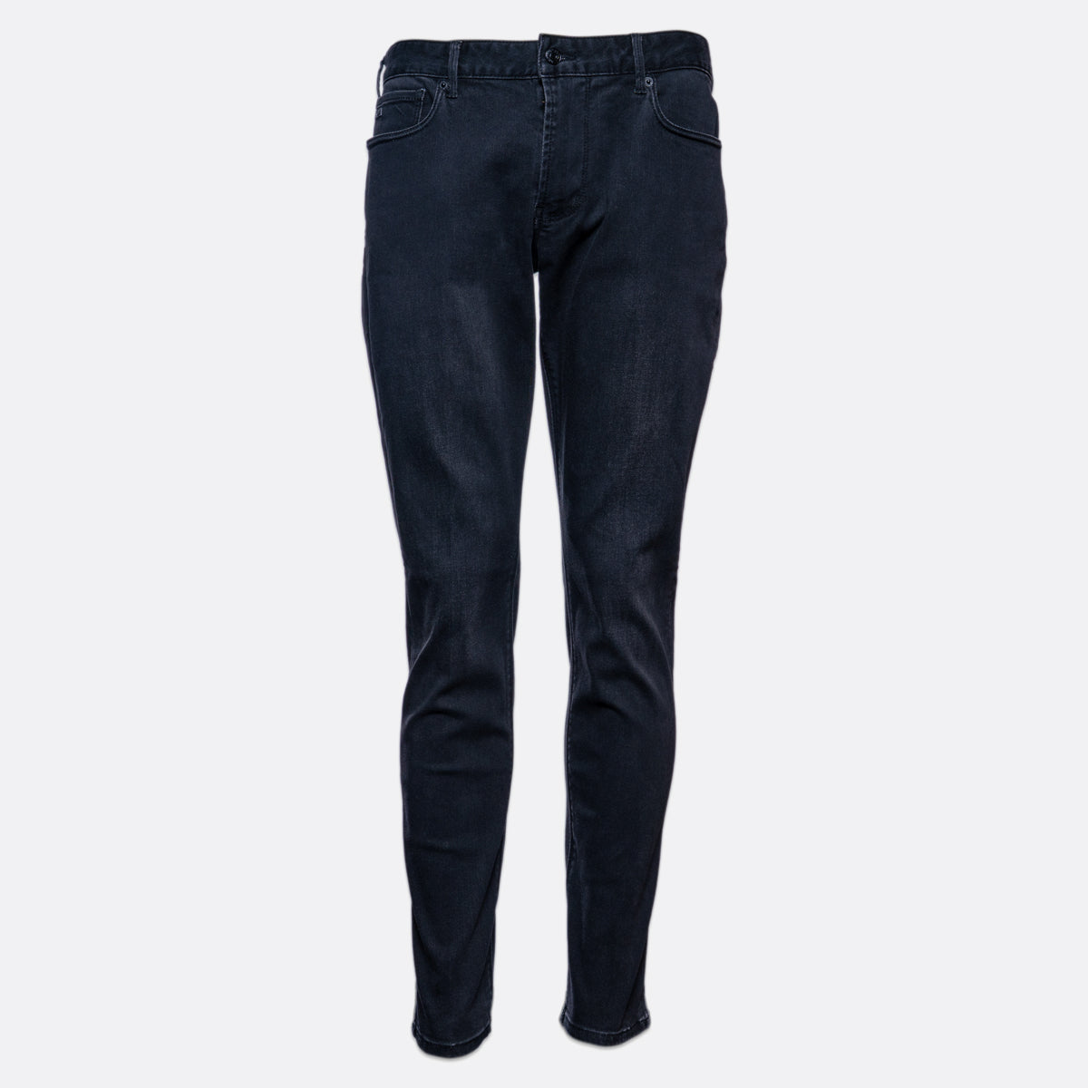 Dark navy blue slim-fit jeans shown from the front on a light gray background. Emporio Armani Jeans. Sakks Menswear Southampton.