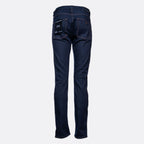 Back view of dark blue denim jeans on a light gray background, showing the back pockets with white branding and a small red tab. Emporio Armani Jeans. Sakks Menswear Southampton.