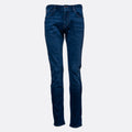 A pair of dark blue slim-fit jeans shown from the back on a light gray background. Emporio Armani Jeans. Sakks Menswear Southampton.