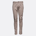 A pair of slim-fit, straight-leg jeans in a light taupe-beige color, shown on a plain light gray background. Emporio Armani Chinos. Sakks Menswear Southampton.