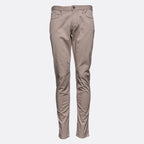 A pair of slim-fit, straight-leg jeans in a light taupe-beige color, shown on a plain light gray background. Emporio Armani Chinos. Sakks Menswear Southampton.