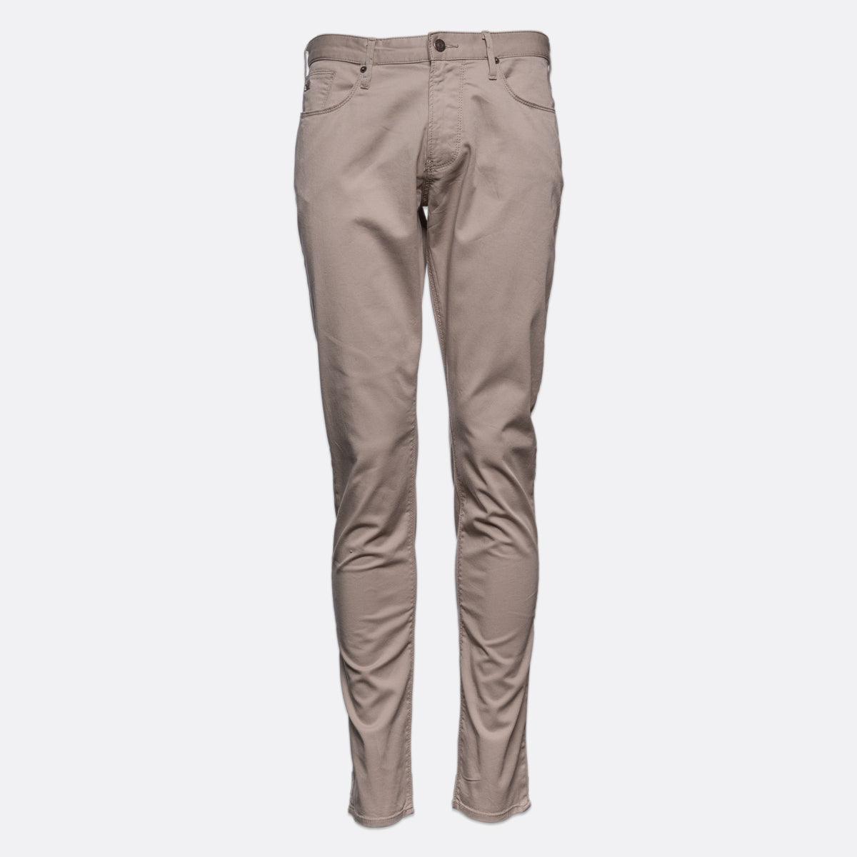 A pair of slim-fit, straight-leg jeans in a light taupe-beige color, shown on a plain light gray background. Emporio Armani Chinos. Sakks Menswear Southampton.