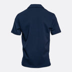 A dark navy blue short-sleeve polo shirt shown from the back, displayed on a clean, light gray background. Emporio Armani Short Sleeve Shirt. Sakks Menswear Southampton.