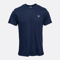 A navy blue short-sleeve crewneck t-shirt with a small white embroidered Emporio Armani logo on the left chest, displayed against a light gray background. Emporio Armani T-Shirt. Sakks Menswear Southampton.