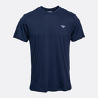 A navy blue short-sleeve crewneck t-shirt with a small white embroidered Emporio Armani logo on the left chest, displayed against a light gray background. Emporio Armani T-Shirt. Sakks Menswear Southampton.