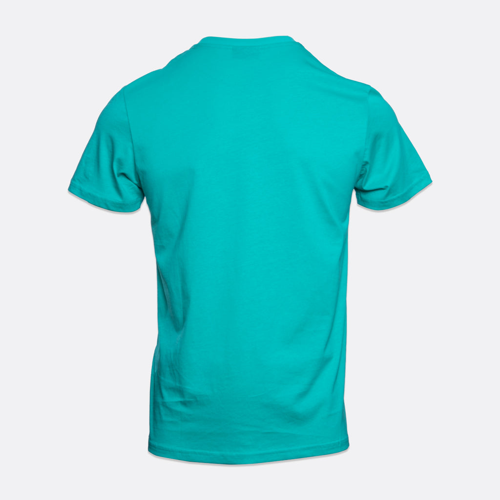 A short-sleeve crewneck t-shirt in a vibrant turquoise color, shown from the back against a light gray background. Emporio Armani T-Shirt. Sakks Menswear Southampton.
