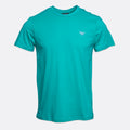 A teal short-sleeve crewneck t-shirt with a small white embroidered logo on the left chest, displayed on a light gray background. Emporio Armani T-Shirt. Sakks Menswear Southampton.