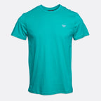 A teal short-sleeve crewneck t-shirt with a small white embroidered logo on the left chest, displayed on a light gray background. Emporio Armani T-Shirt. Sakks Menswear Southampton.