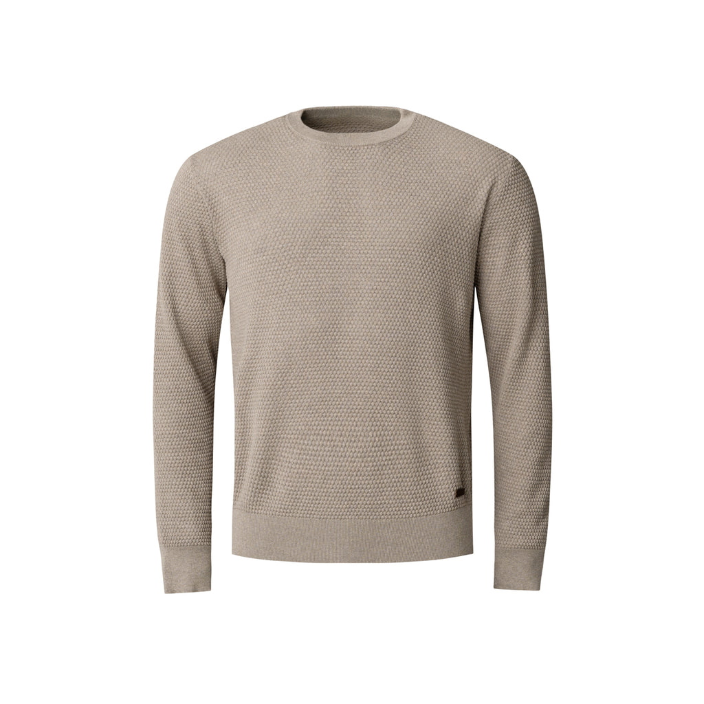 Eton Structured Knit Crew Neck in Beige. This knitwear features a leather branded badge on the button hip. Coming in a beautiful waffle texture. Eton Knitwear available at Sakks Menswear in Southampton.