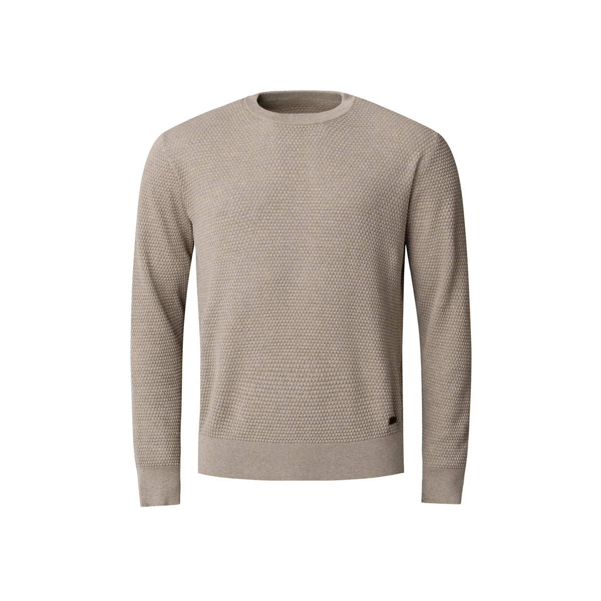 Eton Structured Knit Crew Neck in Beige. This knitwear features a leather branded badge on the button hip. Coming in a beautiful waffle texture. Eton Knitwear available at Sakks Menswear in Southampton.