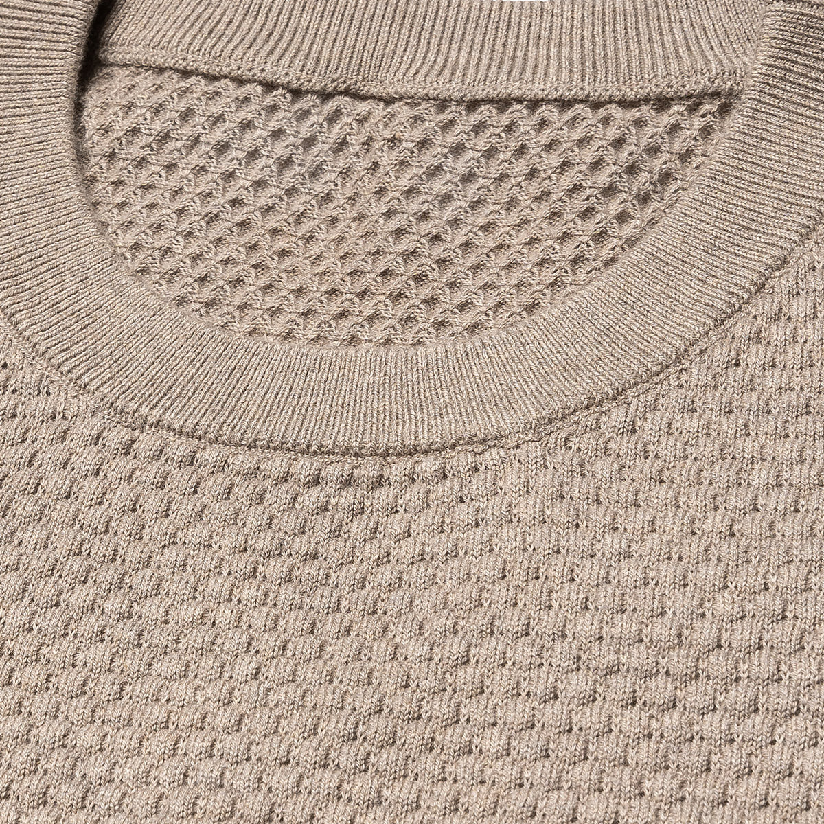 Close-up of a textured knit crewneck sweater in a warm taupe-beige color, showing the ribbed collar and waffle-knit fabric. Eton Knitwear available at Sakks Menswear in Southampton.