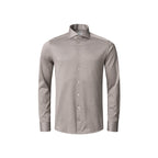 A light taupe-grey long-sleeve button-down dress shirt with a spread collar, shown on a plain white background. Eton Shirt available at Sakks Menswear in Southampton.