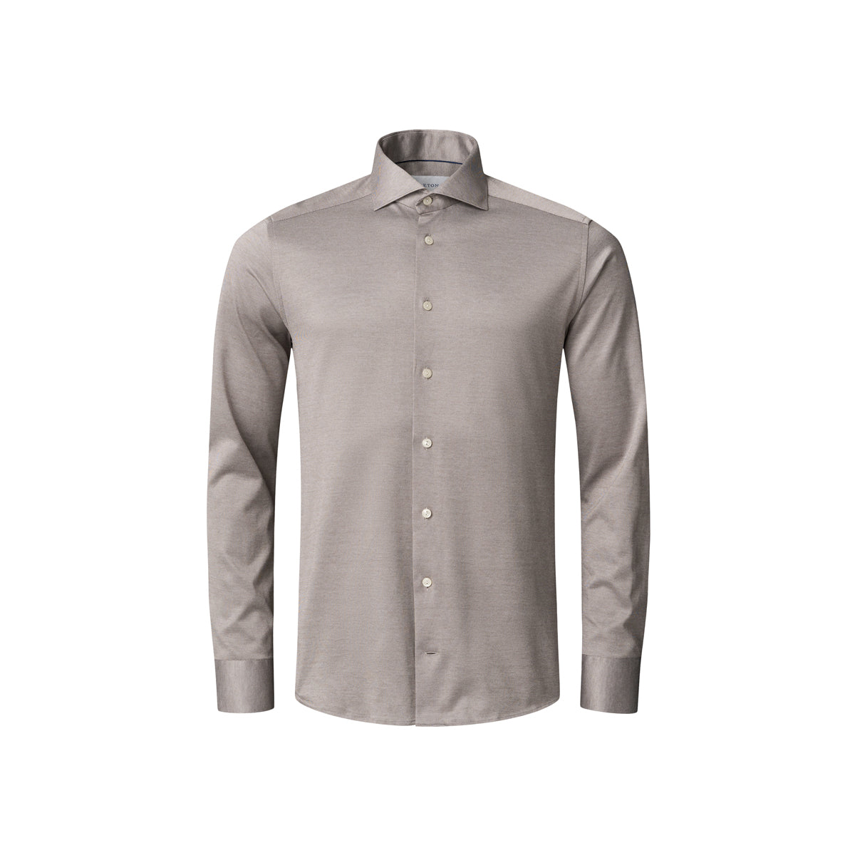 A light taupe-grey long-sleeve button-down dress shirt with a spread collar, shown on a plain white background. Eton Shirt available at Sakks Menswear in Southampton.