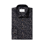 A folded long-sleeve button-up shirt by ETON, featuring an all-over dark floral and leaf pattern in black, gray, and brown tones, with a white neck label. Eton Shirt available at Sakks Menswear in Southampton.
