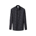 A long-sleeve button-up shirt with a dark charcoal and black base, covered in a dense, small-scale white and light grey abstract floral or leaf print, shown against a plain white background. Eton Shirt available at Sakks Menswear in Southampton.