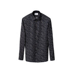 A long-sleeve button-up shirt with a dark charcoal and black base, covered in a dense, small-scale white and light grey abstract floral or leaf print, shown against a plain white background. Eton Shirt available at Sakks Menswear in Southampton.