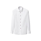 White shirt with burgundy coloured buttons sitting in front of a crisp white background. Eton shirt available at Sakks Menswear in Southampton.