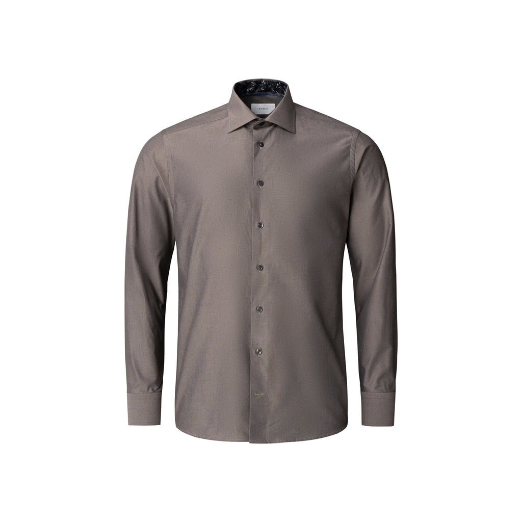A long-sleeve button-down dress shirt in a muted taupe-brown colour, displayed on a clean white background. Eton Shirt available at Sakks Menswear in Southampton.
