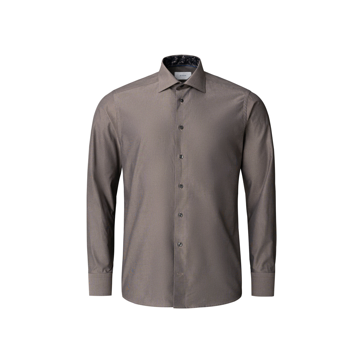A long-sleeve button-down dress shirt in a muted taupe-brown colour, displayed on a clean white background. Eton Shirt available at Sakks Menswear in Southampton.