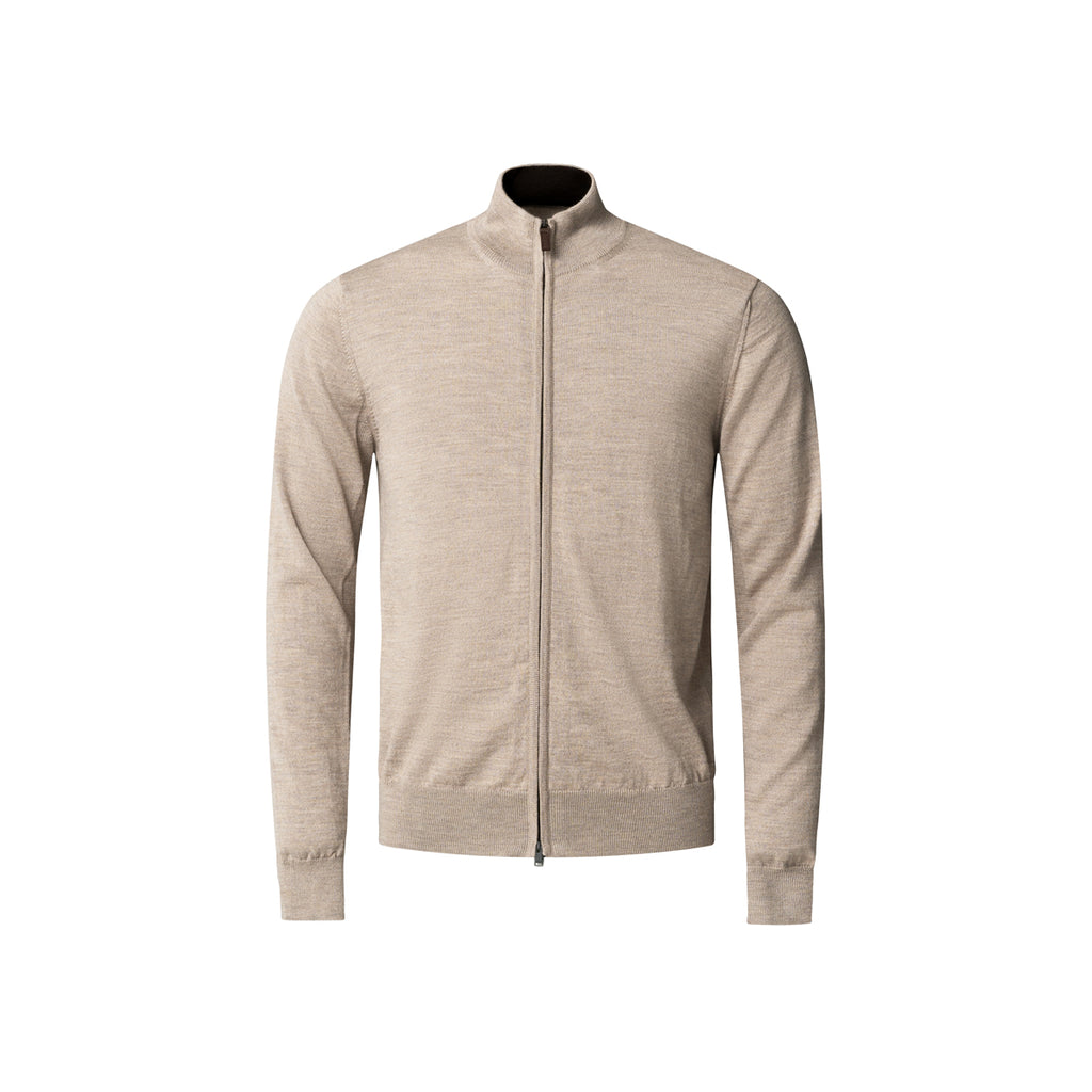 A men's long-sleeve zip-up knit sweater in a heathered light beige or oatmeal colour, featuring a mock neck collar and ribbed cuffs and hem, shown on a plain white background. Eton Cardigan available at Sakks Menswear in Southampton.