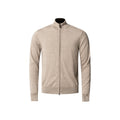A men's long-sleeve zip-up knit sweater in a heathered light beige or oatmeal colour, featuring a mock neck collar and ribbed cuffs and hem, shown on a plain white background. Eton Cardigan available at Sakks Menswear in Southampton.