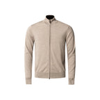 A men's long-sleeve zip-up knit sweater in a heathered light beige or oatmeal colour, featuring a mock neck collar and ribbed cuffs and hem, shown on a plain white background. Eton Cardigan available at Sakks Menswear in Southampton.
