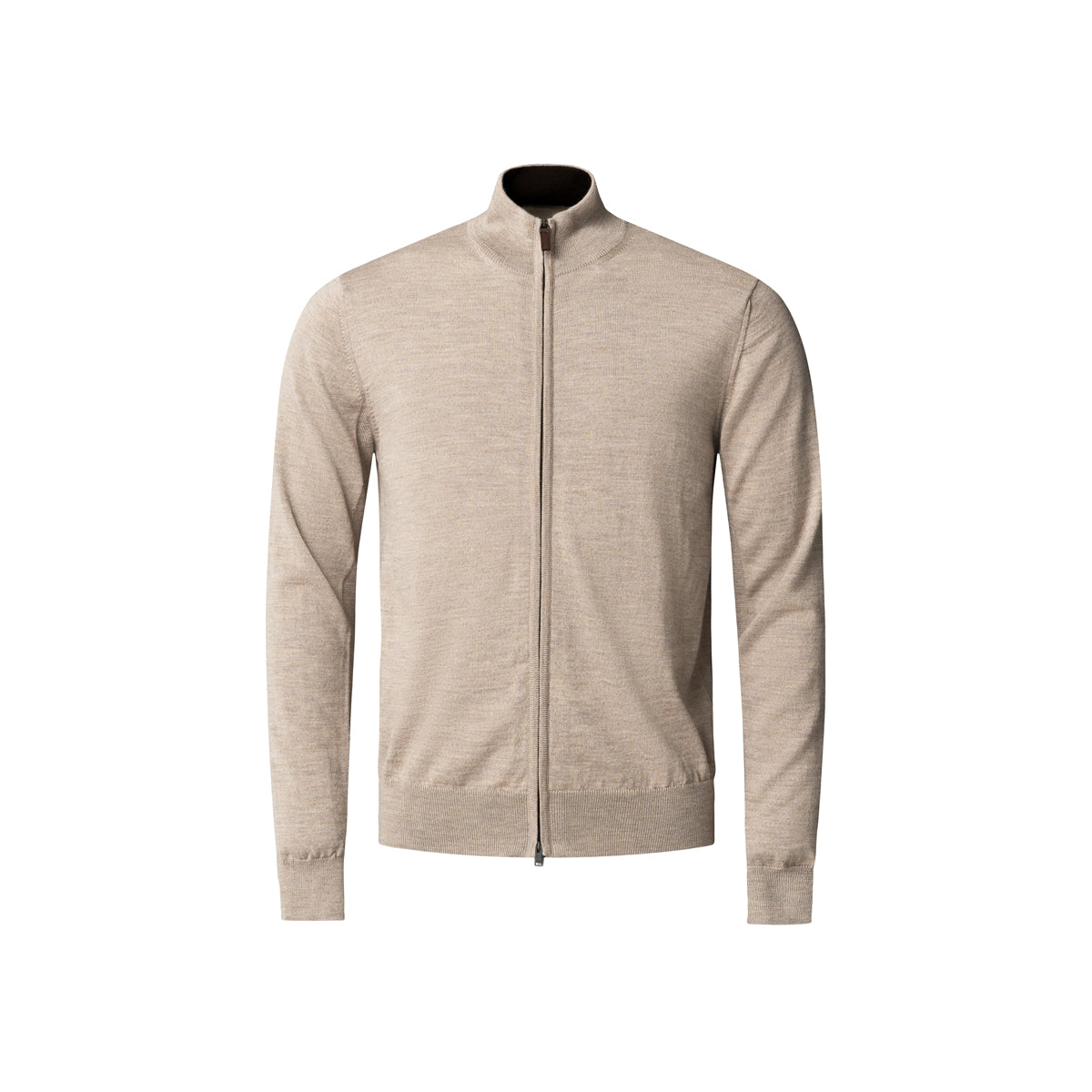 A men's long-sleeve zip-up knit sweater in a heathered light beige or oatmeal colour, featuring a mock neck collar and ribbed cuffs and hem, shown on a plain white background. Eton Cardigan available at Sakks Menswear in Southampton.